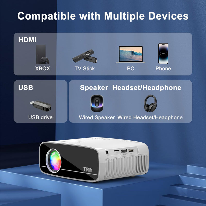 TMY Projector with WiFi and Bluetooth, Native 1080P Mini Projector, Portable Projector wirh 50% Zoom, Compatible with TV Stick/Phone/PC/DVD/HDMI/USB/TF, Movie Projector for Home Bedroom manual focus