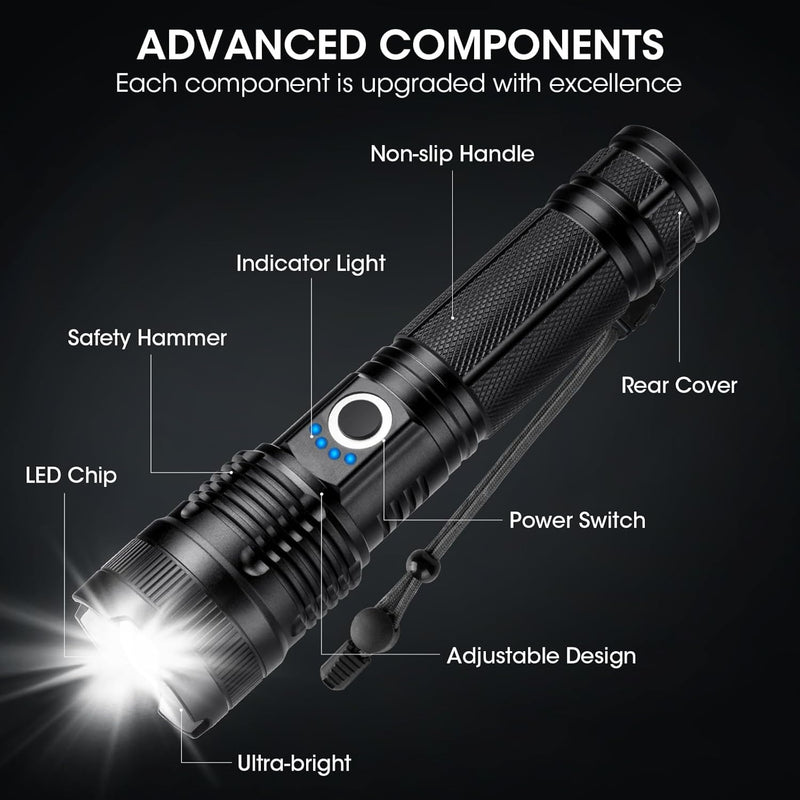 Rechargeable 99,000 High Lumens Flashlight - 2Pack Bright LED Flash Light with 5 Modes, Powerful Waterproof Handheld Lintera for Camping Home L-2P