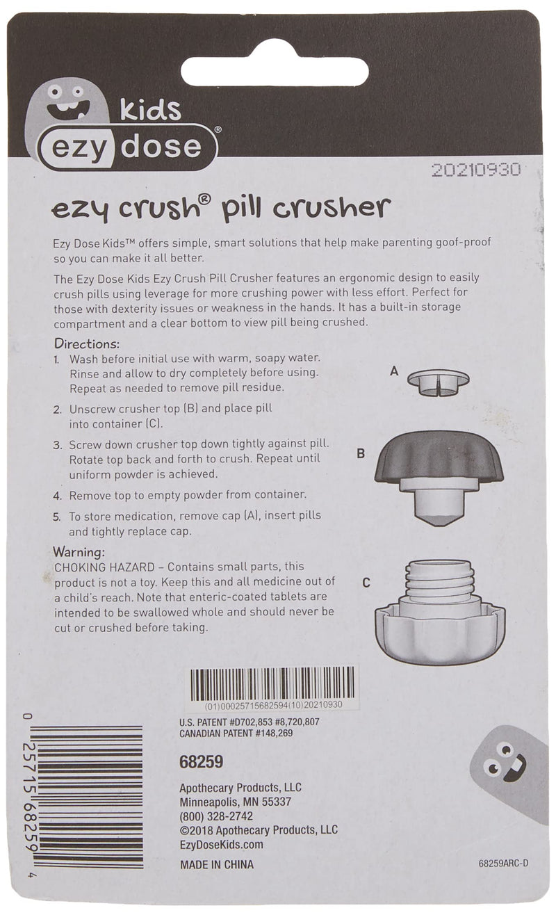 EZY DOSE Crush Pill, Vitamins, Tablets, Crusher and Grinder with Storage Compartment, Kids, Pets, Elderly, Effortlessly Crushes Medications into Fine Powder, Easy-to-Use, Color May Vary, BPA Free Small