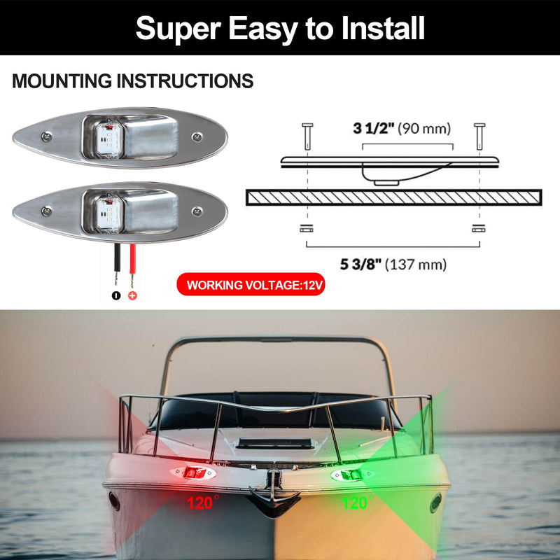 Boat Navigation Lights, 12V Marine LED Teardrop Side Bow Light | Stainless Steel Waterproof Navigation Signal Lamp, 2NM Night Visibility Warning Light for Yacht, Pontoon & Small Boats