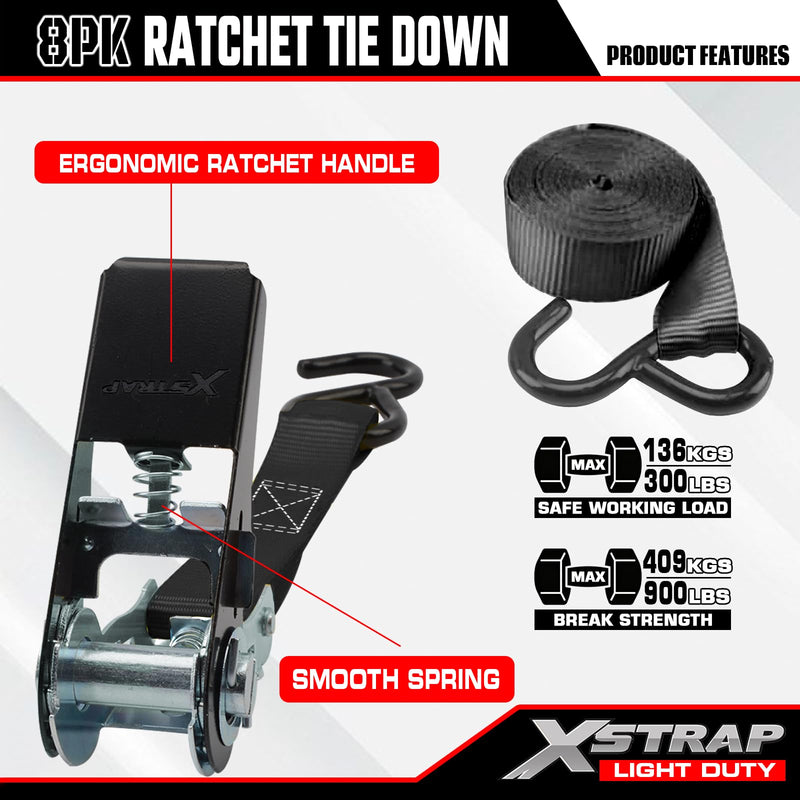 XSTRAP STANDARD Ratchet Tie Down Straps 8PK 1'' x 10 ft - 900 LB Break Strength Cargo Straps for Moving Appliances, Lawn Equipment, Motorcycle (Black) 8pk 1inchx10ft Black