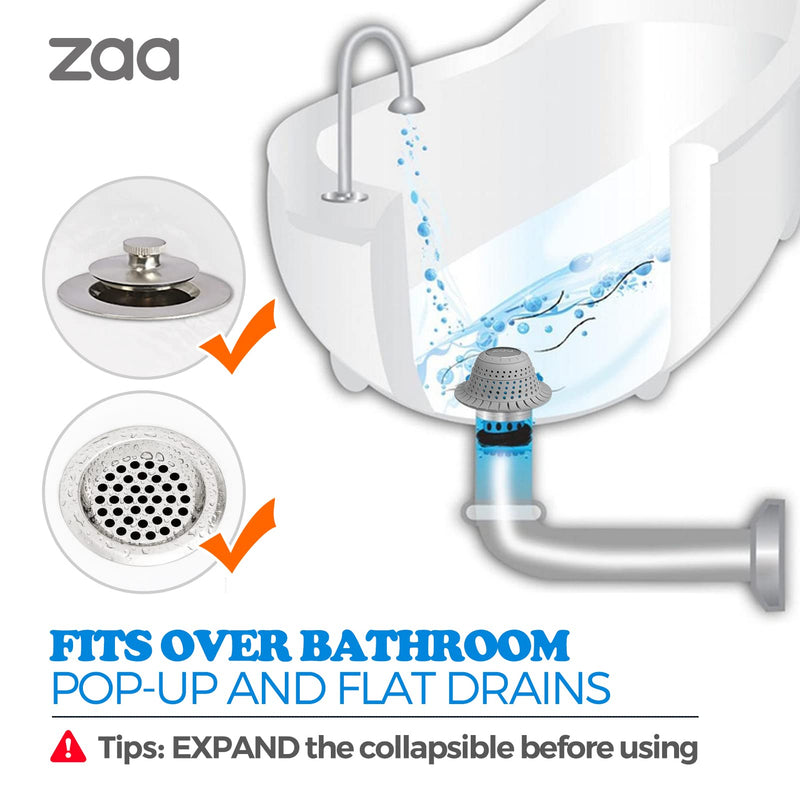 zaa Bathtub Drain Hair Catcher, Silicone Collapsible 1 Pack Drain Protector for Pop-Up and Regular Drains of Shower, Bathtub, Tub, Bathroom, Sink Gray