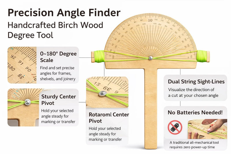 Precision Angle Finder Ruler - Handcrafted Birch Wood Degree Protractor Tool Miter Ruler - 0–180° Woodworking Layout Tool Gifts for Dad Men Precision wood degree tool