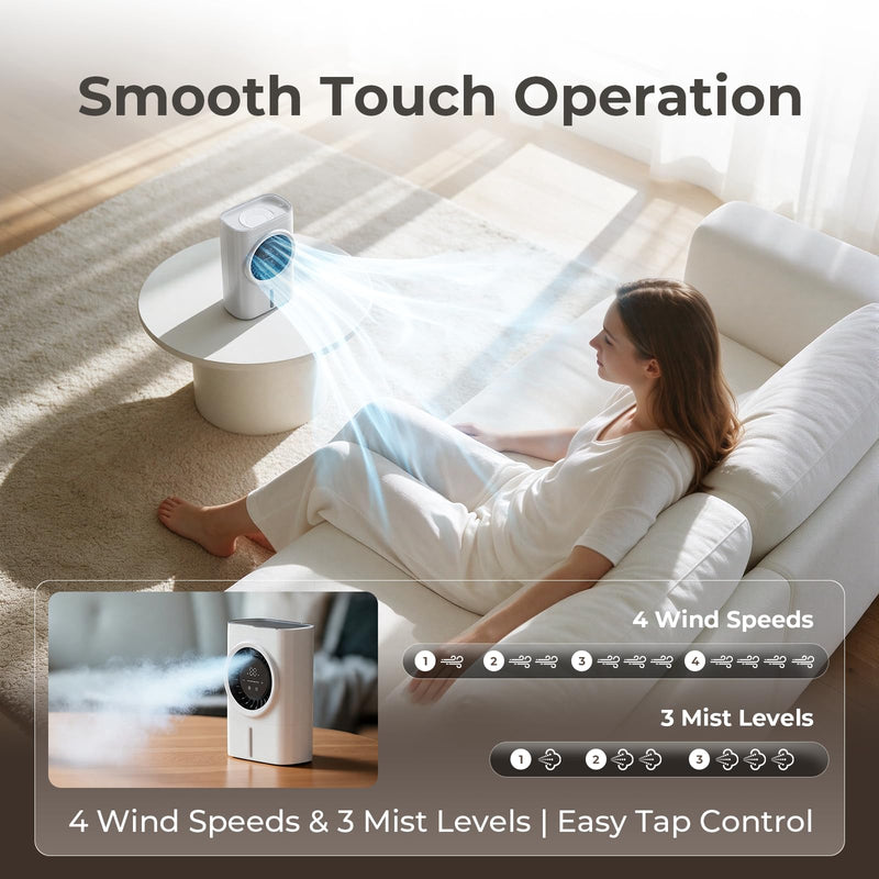 Portable Evaporative Air Cooler Fan with Mist, Touch Control, LED Display, Water Tank, Desktop Cooling