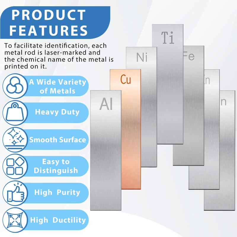 16 Pcs Metal Electrodes Set Electrode Strips 0.04"x1"x3.94" Tin, Nickel, Titanium,Zinc,Aluminum,Copper,Iron,Carbon for Scientific Experiments Electrochemical 16