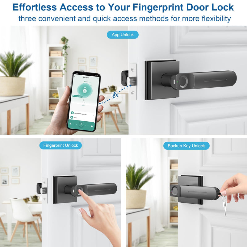 Fingerprint Door Lock & Biometric Door Knob with App – 3-in-1 Keyless Entry Smart Door Lock with Auto-Lock & Interior Lockable, Secure Your Home, Office, Bedroom & Apartment Black