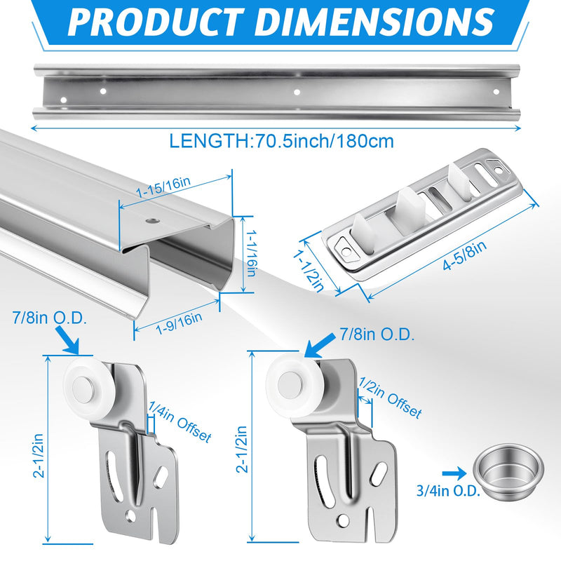Therwen 1 Pcs 72 Inch By-Pass Closet Track Kit, Silver