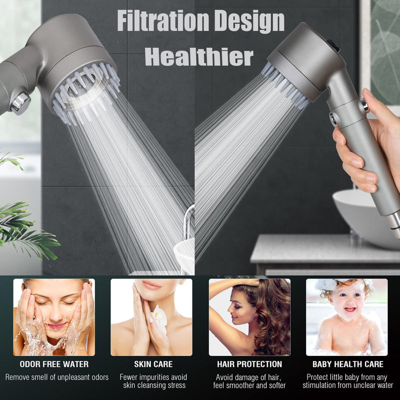 Shower Head with Handheld, Shower Heads High Pressure, High Flow Even with Low Water Pressure-Hand Held Showerhead Set,3 Modes Filtered Showerhead with 59″Replacement Hose/Bracket/Cotton Filters Gray