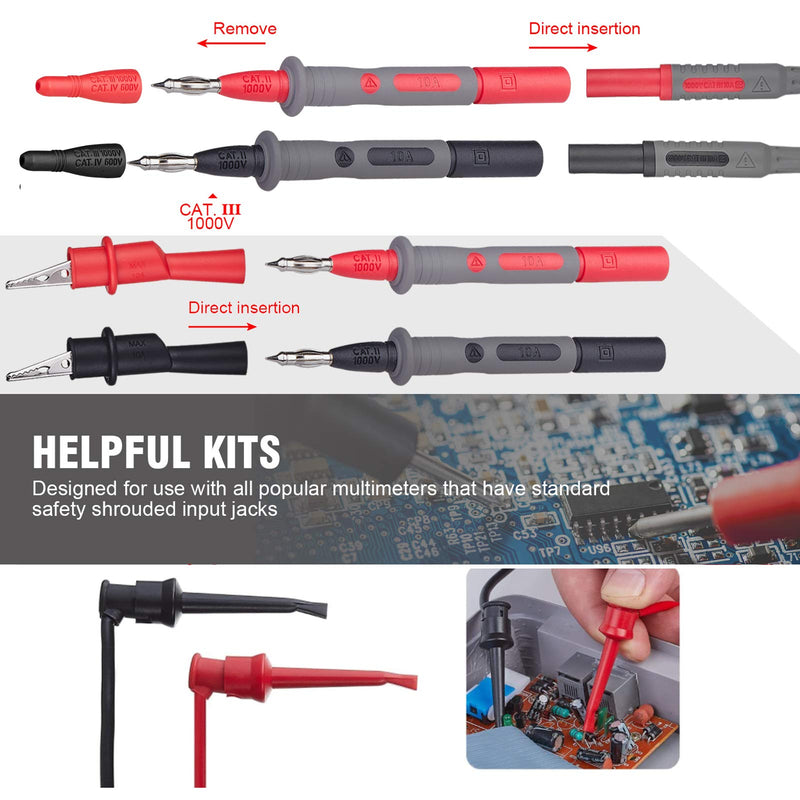 WGGE Soft Silicone ElectricianTest Lead Kit CAT III 1000V & CAT IV 600V with Insulation Alligator Clips, clamp Meter, Needle Probe for WGGE/Fluke/AstroAI/INNOVA/KAIWEETS Multimeter (WG-012)