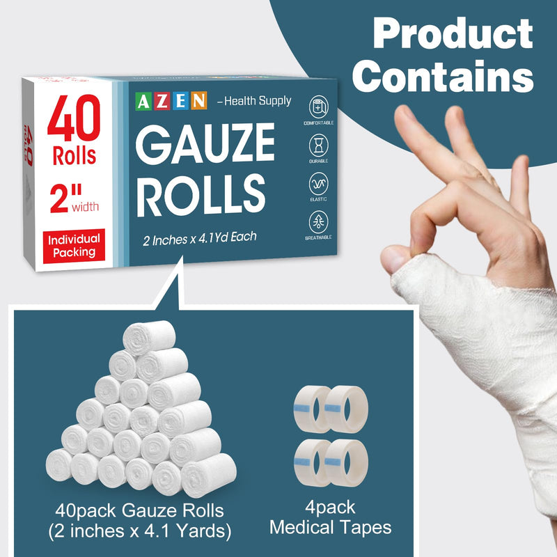 AZEN 40 Pack Gauze Rolls Bandages, 2 in x 4.1 Yards, Premium Medical Supplies & First Aid Supplies, Bandage Wrap Vet Wrap, Mummy Wraps B-40p