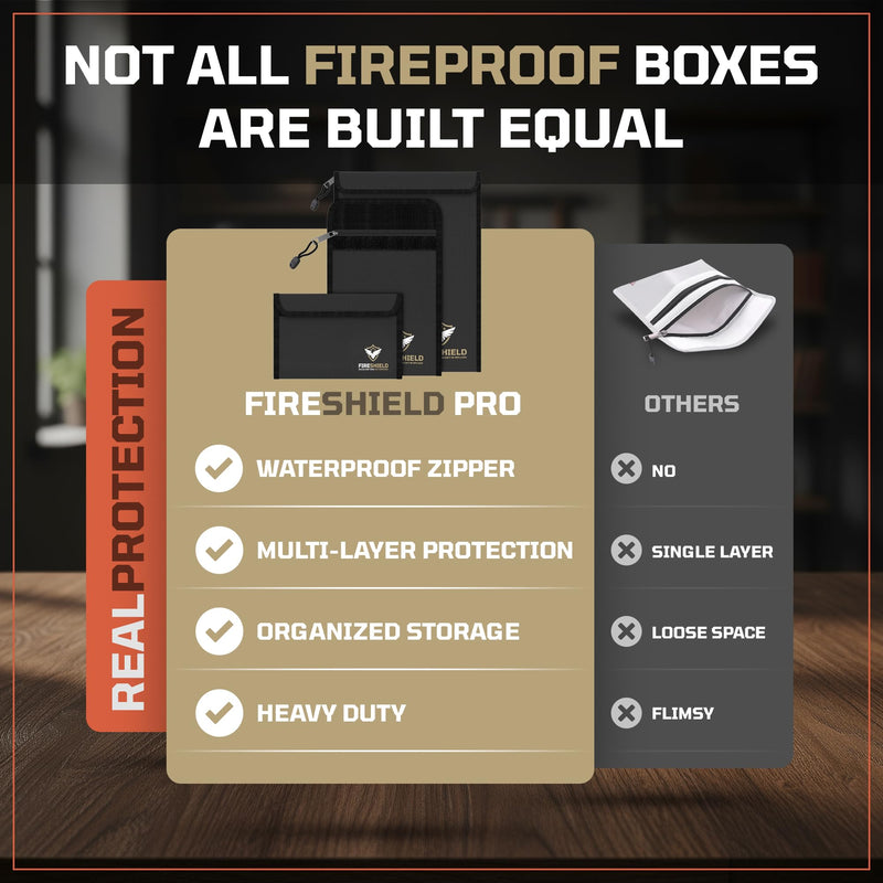 FIRESHIELD PRO Upgraded 2000°F Fireproof Document Bag 3-Pack – Fire & Water Resistant Money Pouch for Cash – Safe Storage for Family Photos, Jewelry, Passport & Important Documents – Size: S, M & L Small, Medium, Large