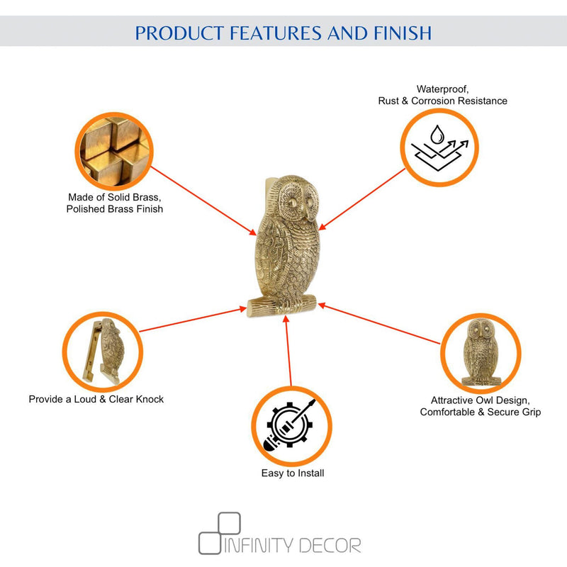 Infinity Decor Solid Brass Owl Shaped Door Knocker in Polished Brass Finish – Premium Quality Hand Door Knocker for Entrance Front Door Furniture