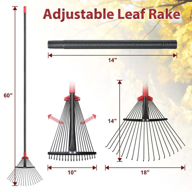 60 Inch Rake for Leaves, Adjustable 18 Metal Tines with Expandable Head Garden Rakes for Lawns Heavy Duty Metal Rake for Leaves Yard Gardening Grass Outdoor Debris 60 inch