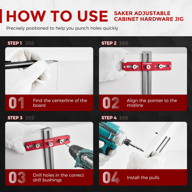 Saker Cabinet Hardware Doweling Jig,Adjustable Cabinet Template Tool for Knobs,Handles and Pulls,Self Centering Punch Locator Precise Woodworking Drill Guide for Drawer Cabinet Installation 6 Holes
