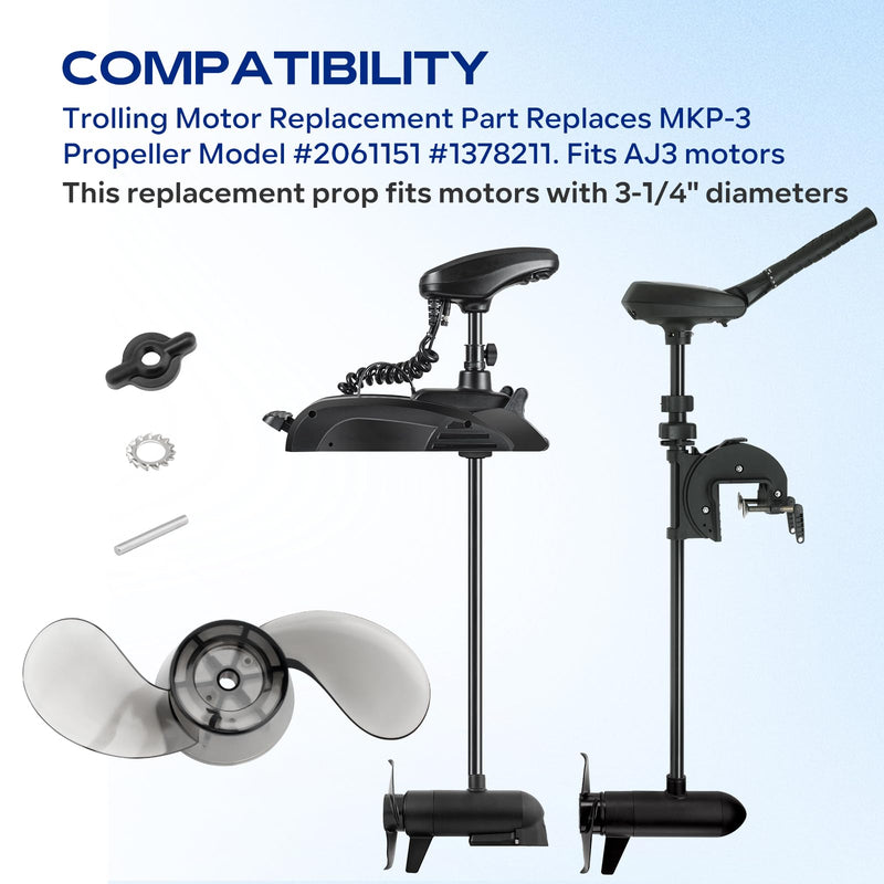 For Minn Kota MKP 3 Prop 2061151 Vanishing Compatible with Minn Kota 3-1/4" Motor Diameters, 2061151 1378211 Prop w/drive pin, prop nut and lock washer Replacement Fit for "W", "M", MAG Series Motors