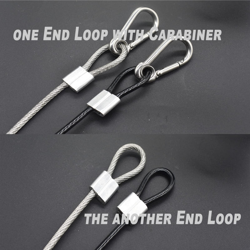 10 pcs 1FT (30cm) Vinyl Cover Coated Stainless Steel Wire Cable with Loops and Carabiner Hook Short Security Rope Lanyard Tether Lock, 4mm Thickness Black 12"/30cm 10pcs_Black