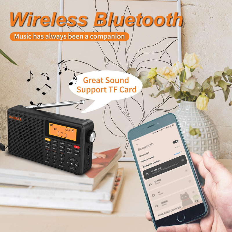 XHDATA D109WB Portable AM/FM/SW/LW/WB Weather Radio Shortwave Radio Receiver with NOAA Alert, Battery Operated Great Sound Wireless BT Mp3 Speaker, SOS Alert Alarm Clock Sleep Function