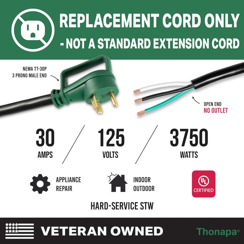 Thonapa 30 Amp RV Replacement Cord 4 ft - 10/3 RV Extension Cord NEMA TT-30P with Open End 3 Wire - Heavy Duty 10 Gauge STW RV Power Cord 4 Foot