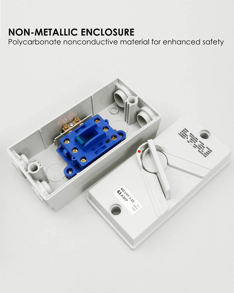 Enclosed Motor Disconnect Switch 63A 440V AC Disconnect Switch, 3 Pole Heavy Duty Safety Isolation Switch, IP65 Waterproof 3 Phase Disconnect Breaker Box for Generator Boat and Welding 63A-3Pole