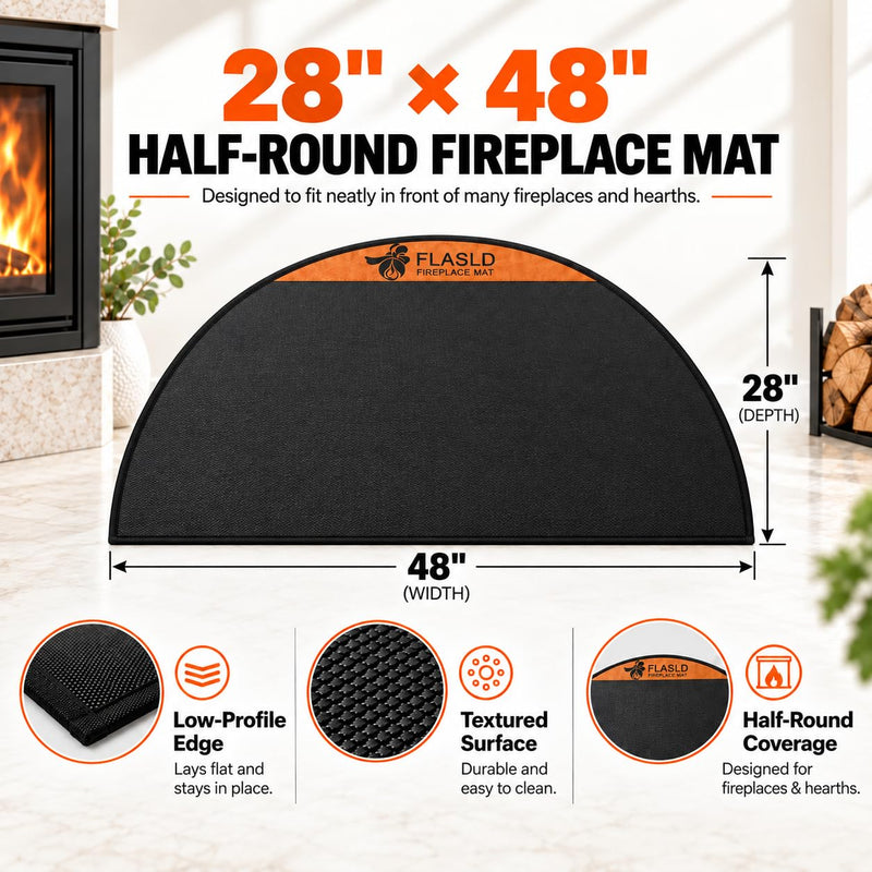 FLASLD Fireproof Fireplace Mat 28×48Inch Half Round Floor Protector 28×48 inch (Semicircular) Black with brown label