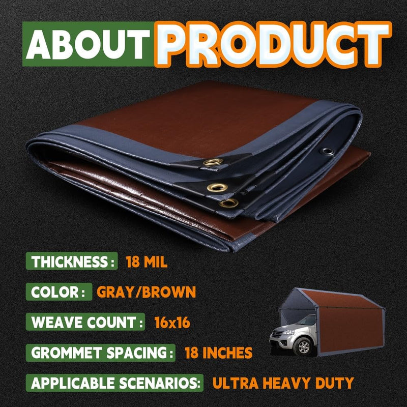 RAINDEWAY 4x20 Feet Super Heavy Duty Tarp 18 Mil, UV Resistant, Weatherproof, Multipurpose Waterproof Poly Tarp with Grommets and Reinforced Edges, Brown/Gray Tarp Gray/Brown 4'x20'-Finished Size
