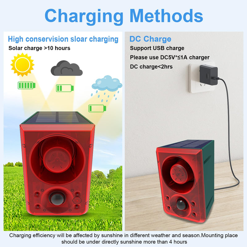 ChunHee Solar Outdoor Motion Sensor Alarm with Dog Barking Gunshot Sound, Support Recording and Adjustable Volume, 130db Loud Noise Maker 3 Work Modes Strobe Light for Home, Villa, Farm, Barn (2pack) 2pack