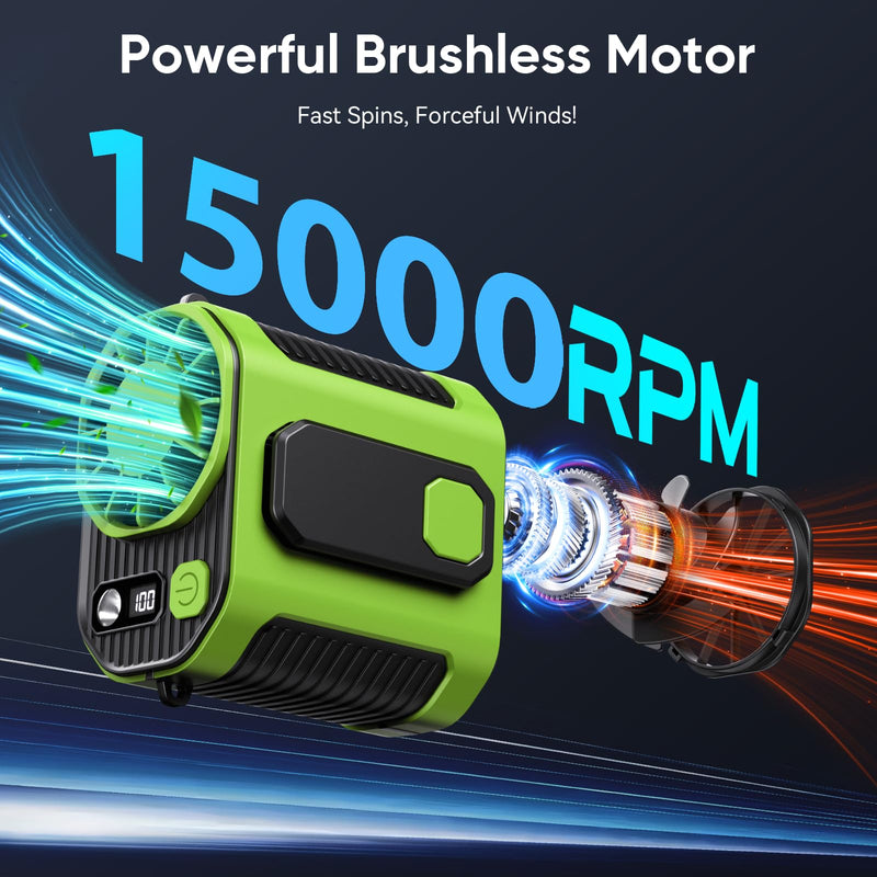 Portable Waist Fan, 10-Speed Rechargeable Body Fan with LED Light, Hands Free Wearable Belt Clip Waist Fans, 10000mAh Battery Cooling Device, Dual Clips & Power Bank, for Camping, Outdoor, Jobsite Green