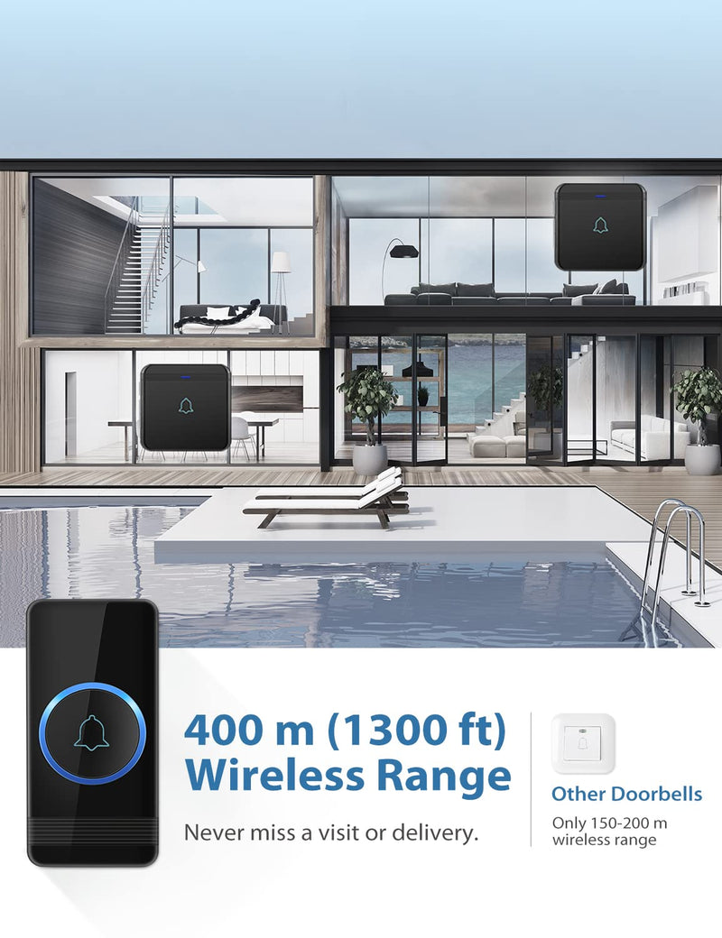 AVANTEK Wireless Doorbell, D-3B Waterproof Door Chime Kit Operating at over 1300 Feet with 2 Plug-In Receivers, 52 Melodies, CD Quality Sound and LED Flash Black