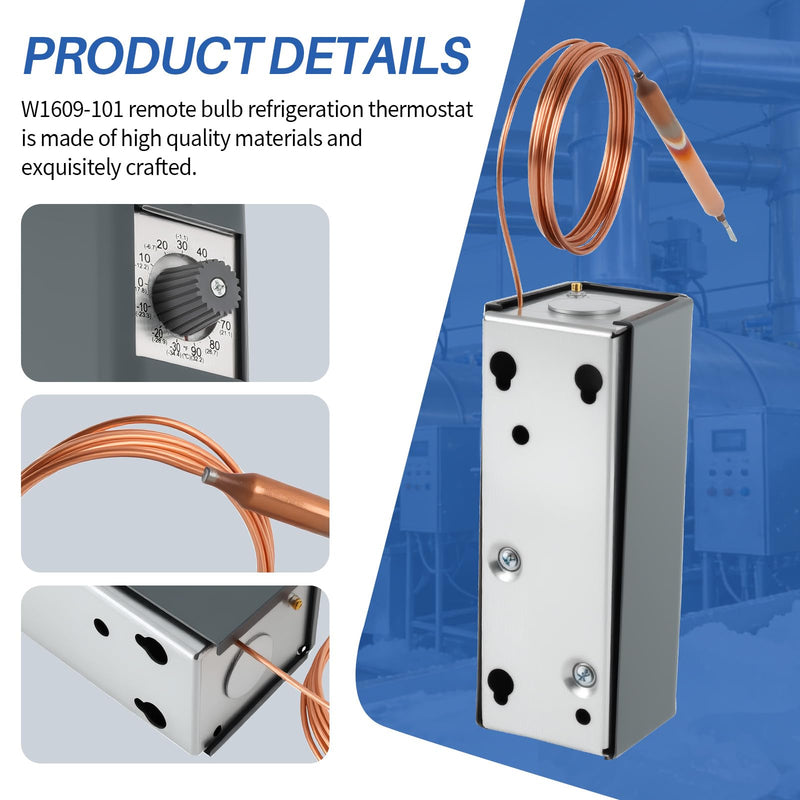 W1609-101 Refrigerator Thermostat Temperature Controller, -30°F to 90°F (-34°C to 32°C) Range, 5ft Capillary Length, Universal Cold Control for Freezers & Coolers, Replaces W1609101