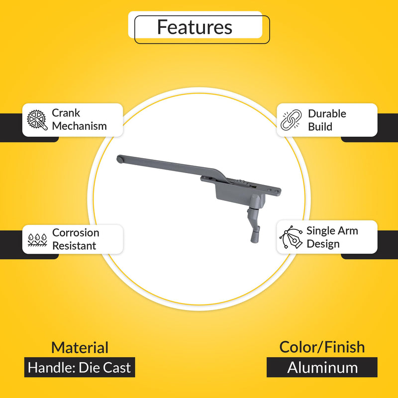 Brixwell Casement Operator Assembly Aluminum Handle, Right Hand, Die Cast Construction with 9" Arm Length, 3-7/8" Body Base, 4-3/4" Crank Arm, for Aluminum Window Crank and Casement Window Handle