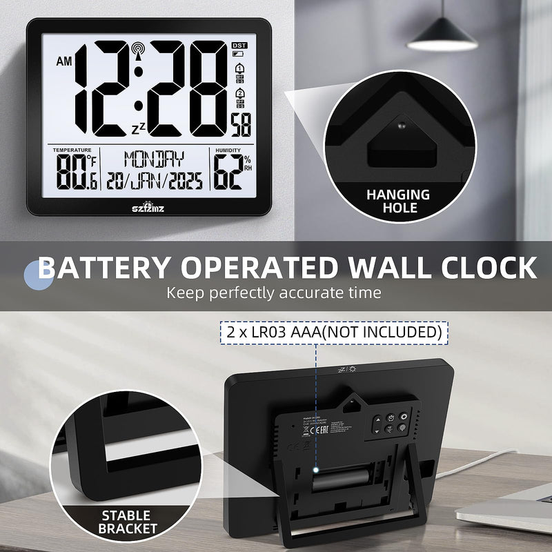 Atomic Digital Wall Clock Battery Operated with Backlight, Desk Clocks with Indoor Temperature & Humidity, 8.5" Small Alarm Clock with Date and Day of Week for Bedrooms, Living Room, Auto DST, Black