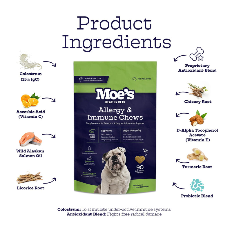 Moe’s Allergy and Immune Support for Dogs- Supports Anti-Itch, Seasonal Allergies- Omega 3 Wild Alaskan Salmon Fish Oil- Dog Allergy Treatment, Skin Health- Made in USA- 90 Chews (Peanut Butter) Peanut Butter - PawsPlanet Australia
