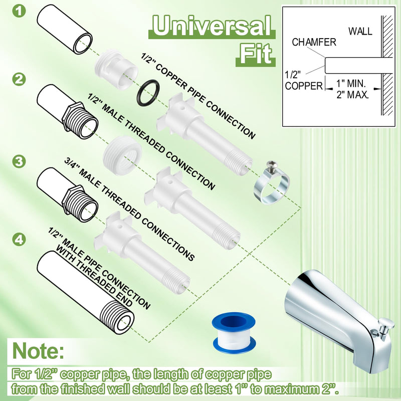 Enhon Tub Spout with Diverter, Universal Fits 1/2'' Copper Pipe, 1/2'' IPS and 3/4'' IPS, Bathroom Bathtub Tub Faucet Replacement with Adapters (Chrome) Chrome