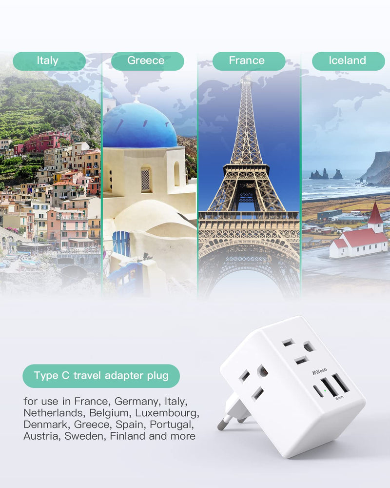 European Travel Plug Adapter with USB Charging Ports(1 USB C), International Type C Power Adapter for US to Most of Europe EU Italy France Spain Germany Greece Type C Most of Europe - 1 PACK