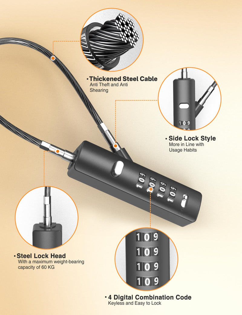 Portable Cable Lock, Small Combination Rope Lock, with 3 Replaceable Steel Ropes (9’’ / 23.6’’ / 47.2’’), Wire Lock for Cabinet, Bike, Luggage, Gate, Door, Fence, (Gun-Grey, 1 Pack) Gun-grey