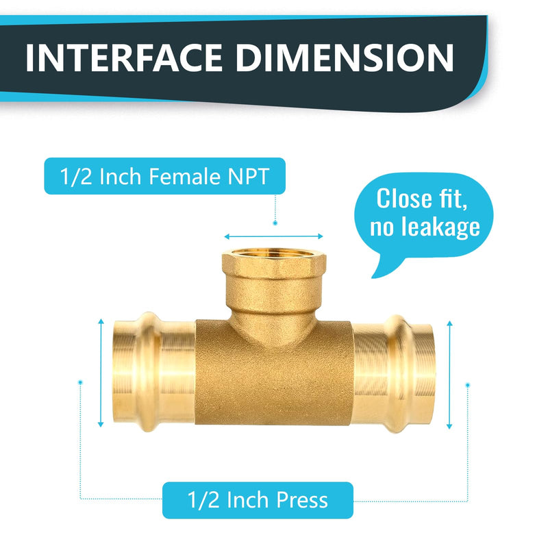 5Pack Seelink 1/2" Copper Press x Copper Press x Female NPT Tee(PRESS239-5) 5 1/2"P x 1/2"P x 1/2"Female
