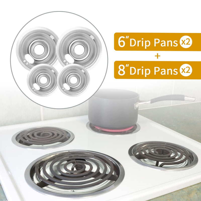 4-Piece Drip Pans Set - Compatible with GE Stoves - Chrome Finish Electric Stove Burner Drip Pans - 2 x 6inch, 2 x 8inch Stove Drip Pans - GE Stove Drip GE/Hotpoint GE-Silver