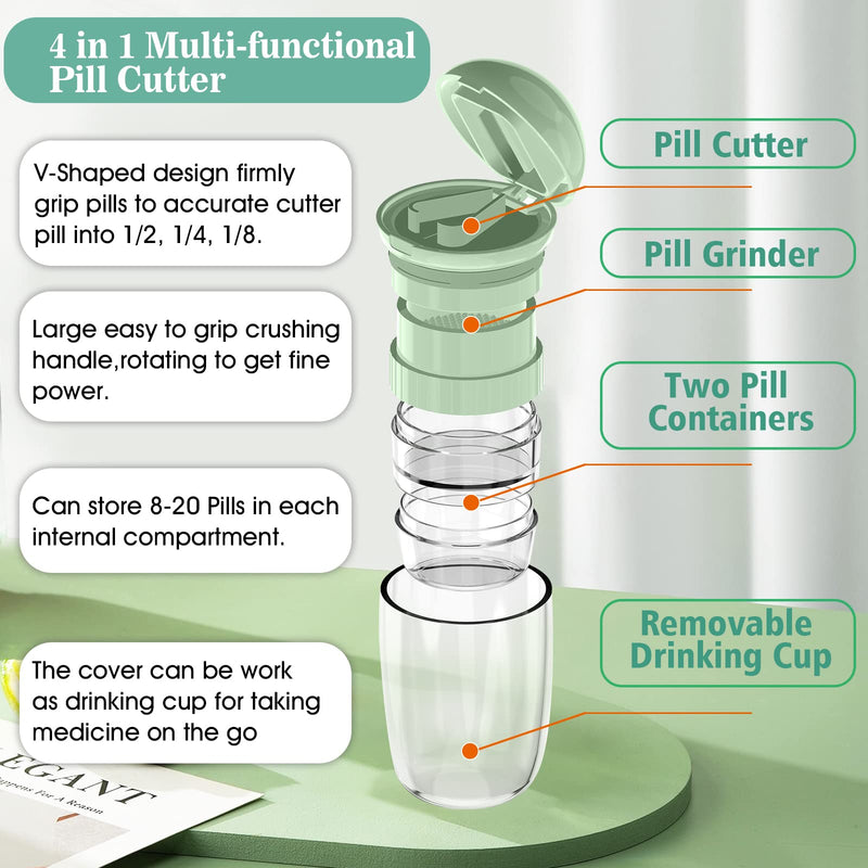 Pill Cutter Splitter with Dispenser, Pill Cutter for Small or Large Pills, Crushes Pills, Vitamins, Tablets, Stainless Steel Blade, Removable Drinking Cup (Green-1) Green-1