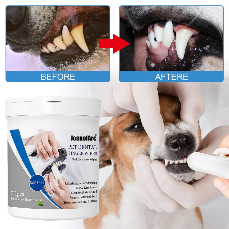 Cats Dogs Dental Care Finger Wipes, 50 PCS Dog Teeth Cleaning Wipes, Tooth Brushing Kit Dental Wipes for Cats,Reduces Dental Debris Freshens Breath,No-Rinse Daily Oral Care,Gentle Cleansing Gum Care