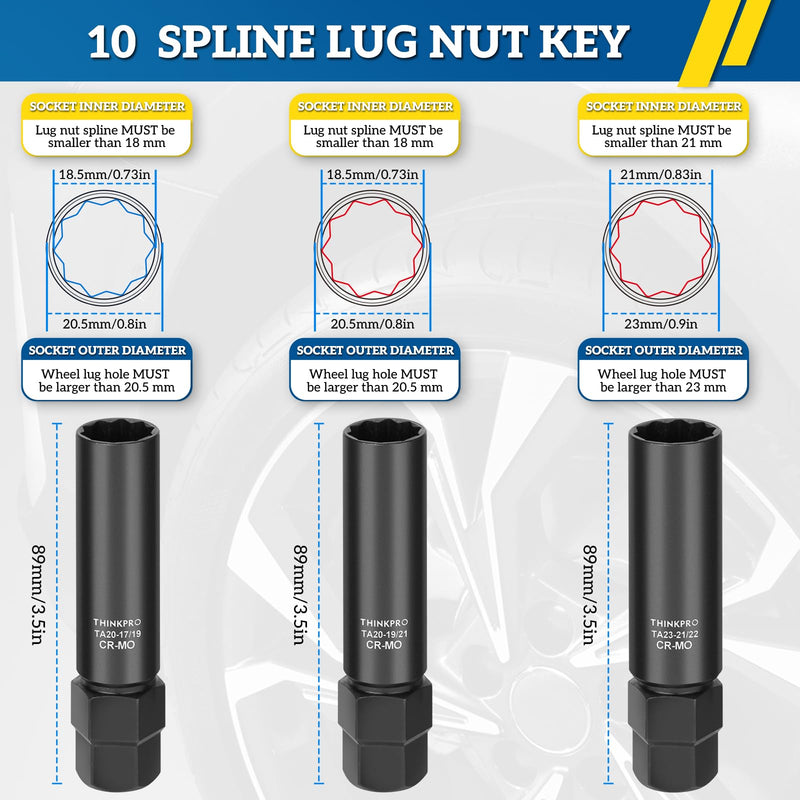 10 spline lug nut key,Compatible with Bimecc 10-Spline Lug Nuts and Lug Bolts,10 point wheel lock socket for Easy Removal of Aftermarket Locking Lug Nuts(3 piece pack) 3 Piece Pack