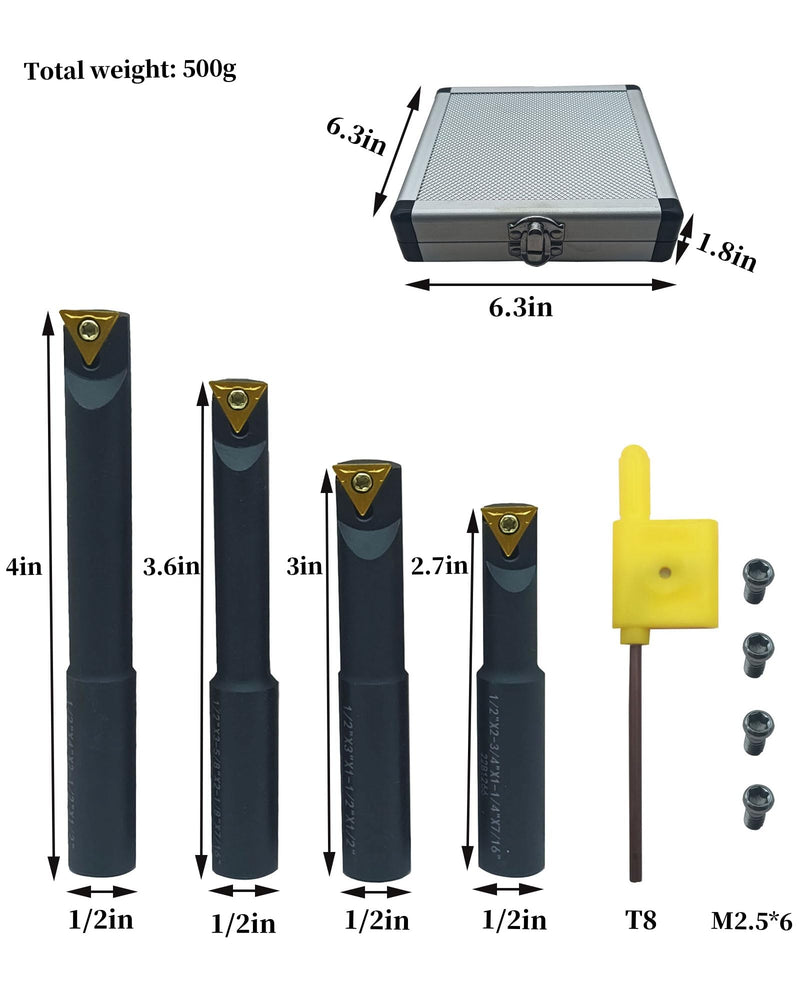GBJ 1/2"Round Shank Boring Bar Set,90 Degree with Indexable Carbide Inserts TCMT21.51(TCMT110204),4 Pieces/Set for Processing Steel and Stainless