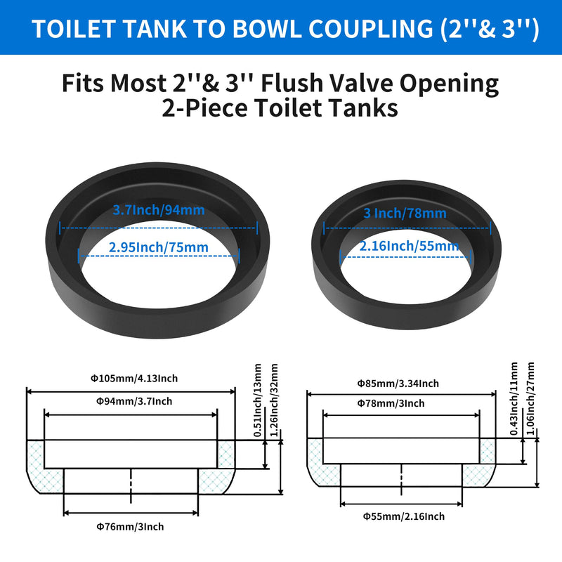 Universal Toilet Tank to Bowl Bolt & Gasket Replacement Kit – Toilet Tank Repair Kit Includes 2" and 3" Rubber Seal Gaskets, Extra-Long Brass Plated Bolts, Washers, Nuts, Fits Most 2-Piece Toilets With 2Pcs Bolts