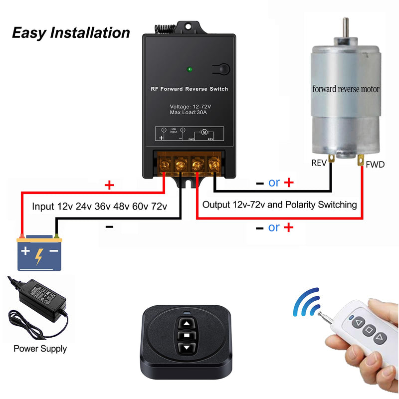 12v Forward Reverse Remote Switch with 30a Relay,Dc 12v Linear Actuator Controller Switch,24v 36v 48v 60v 72v Rf 12volt Wireless Remote Up/Down Switch Reverse Polarity for Winch,Motor,Awnings DC 12-72v 30amp