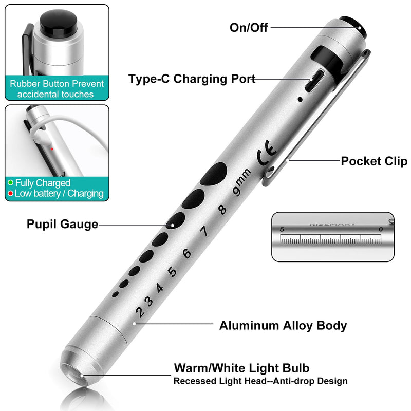 Rechargeable Pen light & Medical Scissors for Nurse -7.5"Trauma Shears Warm/white Penlight with Pupil Gauge,with 4 Pen Set for Nurse,Nursing Student, Doctor #Pink Bandage Scissors +Silver Pen Light Pink Bandage Scissors +Silver Pen Light