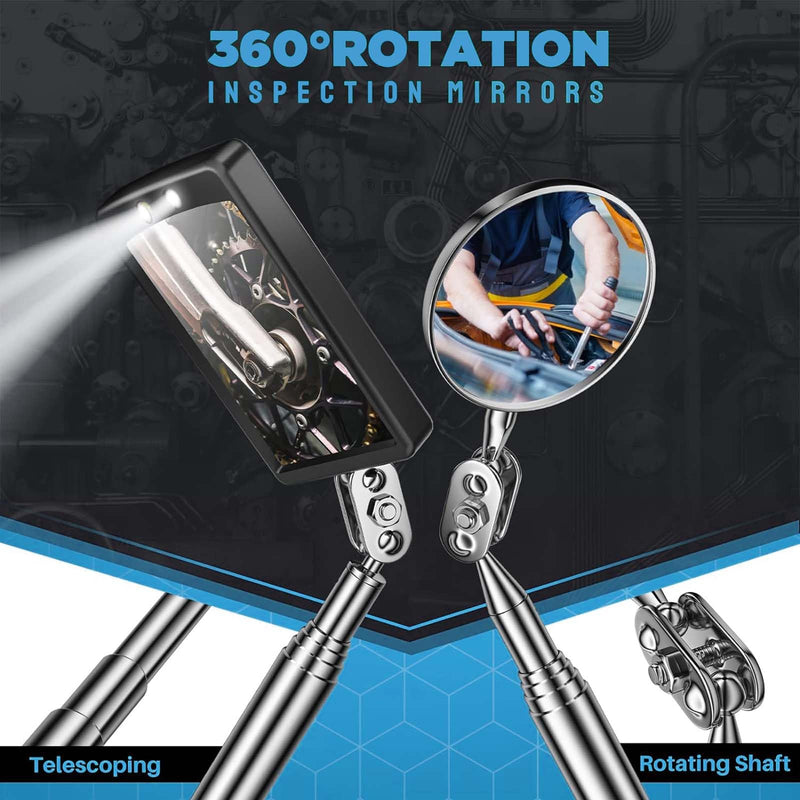 Telescoping Magnetic Pickup Tool Set,Telescopic Inspection Mirror,Flexible Bendable Spring Magnet Stick,LED Flashlight Pickup Rod, Cool Gadgets for Men