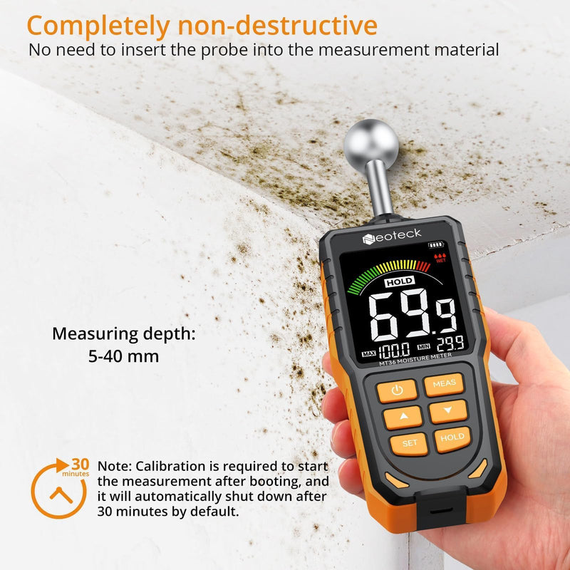 Neoteck Spherical Inductive Moisture Meter 5-40mm Analysis Depth Pinless Moisture Meter with 3-Color LCD Indicator,USB Rechargeable Wood Meter Light and Buzzer Alarm for Wall,Wood,Masonry,Concrete
