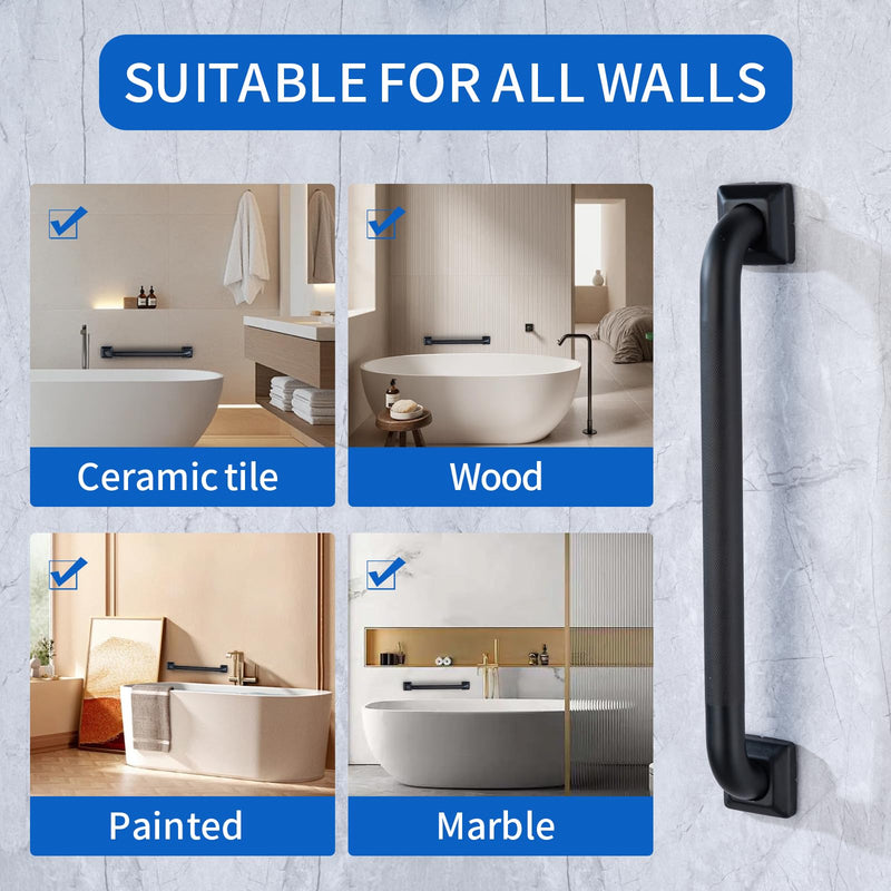 Bathroom SafetyGrab Bars for Elderly Seniors,Anti-Slip Shower Handles Toilet Grab Bars,High Weight Capacity,Wall Mounted Grab Bars for Bathtub Shower,Black Grab Bars (Black Knurled, 16-inch Grab Bar)