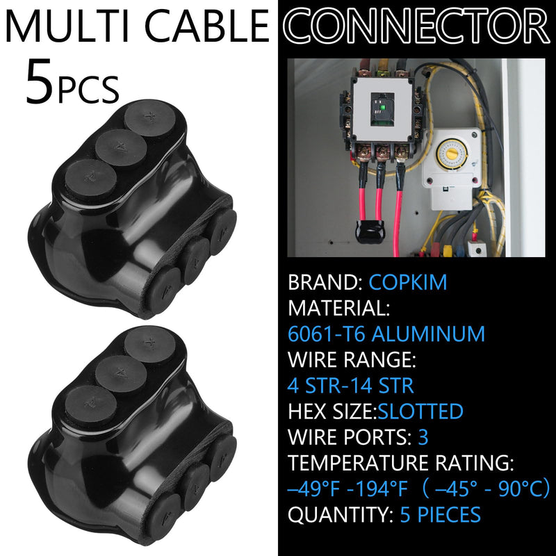 Kanayu 5 Pcs Black Insulated Multi Cable Connector, 3 Ports Electric Wire Connectors and Soldering Lugs, Single Side Entry Cable Splicers, with Oxide Inhibitor (14-4AWG Range,1.57" x 1.26") 14-4AWG Range, 1.57" x 1.26"