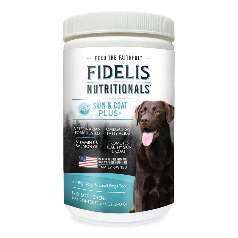 FIDELIS Skin & Coat Plus+ Dog Skin & Coat Supplement, Omega 3, Vitamin E, Salmon Oil for Dogs, Fatty Acids, Healthy Skin, Shiny Coat, Adult, Big & Small, Made in USA, Vegetable Flavor, 120 Soft Chews Skin & Coat Plus+