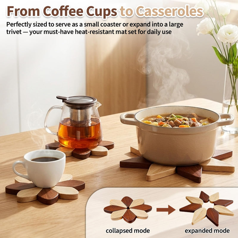 5 Wooden Trivets for Hot Dishes-Sunflower Kitchen Decor, Heat Resistant Foldable, Hot Dishes Tree Shape Trivet Set for Hot Pot Holders Bowl Pot, Housewarming Gifts (Walnut & Beech Wood, L) Walnut & Beech Wood Large